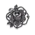 Detailansicht der eleganten Vintage-Rosenbrosche mit schwarzer Perle und Straß - Rosen Stil (f-012) / Antiksilber