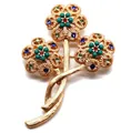 Close-up of elegant gold-toned floral brooch with vibrant multi-colored gemstones - Vintage Floral Style (V03) / V03