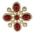 Detailed view of vintage baroque brooch featuring red stones, white pearls and crystals - V010