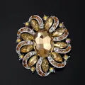Luxury champagne crystal flower brooch with vintage rhinestone alloy setting for women - Brown