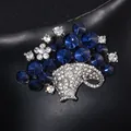 Elegant flower basket brooch with deep blue crystals and rhinestones in silver finish. - Silver Blue Flower Basket Brooch