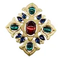 Exquisite vintage Baroque style gold brooch featuring red, green and blue crystal stones - Geometric Cross Style (V01) / V01