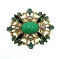 Vintage Baroque style gold-tone brooch with large green oval gem and white pearls - Hollow Geometric Emerald Style (V02) / V02