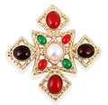 Elegant vintage Baroque style brooch featuring central pearl and colorful crystals. - Hollow Cross Pearl Style (V04) / V04