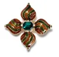 Baroque style retro brooch featuring emerald green gemstone and colorful enamel swirls - V06