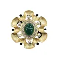 Vintage Baroque style gold brooch featuring an oval green crystal, rhinestones, and pearls. - V08