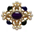 Vintage Baroque style gold-plated brooch featuring purple gemstone, pearls and crystals - V012