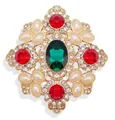 Vintage Baroque gold brooch featuring emerald green crystal and elegant faux pearls - V013