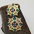 Vintage Baroque matte gold brooch featuring colorful rhinestones for elegant fashion - Stud Earrings