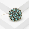 Vintage bohemian round brooch featuring teardrop turquoise-style stones in antique bronze filigree - Sky Blue Teardrop Disc Style (Style 15)