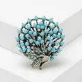 Vintage Bohemian brooch with elegant turquoise-blue beads on a bronze-toned metal base - Sky Blue Tree Leaf Style (Style 21)