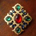 Vintage Baroque style palace brooch with red, blue and green gemstones on gold base - Style G (5.5x4cm)