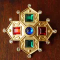 Detailed view of vintage Baroque style brooch with colorful gemstones on gold base - Style C (4.5x4.5cm)