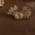 Vintage Baroque gold-tone fan-shaped brooch with colorful bead accents for suits - Multicolor Fan Radiating Style
