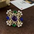 Baroque vintage cross brooch with purple gemstone pearls and colorful crystal drops - Purple Stone Cross Pearl Style