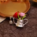 Vintage French country style watering can brooch with enamel tulips and pearl drop - White Pearl Flower Watering Can Brooch