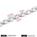 Vista dettagliata di catena in acciaio inox argento con dimensioni e peso. - Catena a Doppia Aso Quadrata Curva / 2.8x9.5x11.5mm / Colore acciaio