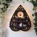 Mystical wooden crystal display shelf with celestial moon and star carvings on wall - S / Heart