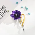 Elegant purple enamel flower brooch with gold leaf detail and crystal center. (81 chars) - Purple Enamel With Rhinestone (AL669301365390)