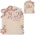 Personalized wooden newborn birth announcement plaque with pink bow and floral detail - Bowknot Style