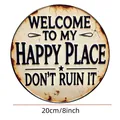 Vintage 20cm round metal wall decor sign with Welcome To My Happy Place lettering for home - Vintage Welcome Sign (SCM845) / 20x20cm / Off White