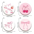 Set of four pink wooden coasters with bow and cherry patterns, 3.94 inch diameter - Style SCN304 / Set of 4 (10x10cm)