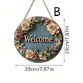 Round floral welcome door sign with teal wood grain and 3D flower wreath decoration - 20cm Size / SCM637-2-Blue Floral