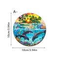 Dessous de verre décoratif rond avec motif dauphin et océan tropical, 10 cm de large - Style Trois Dauphins Coucher de Soleil (SCN276) / Planche en Bois Blanche de 5mm