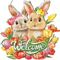 Easter wooden welcome sign featuring adorable bunnies and spring tulips decoration - Two Rabbits Style / DF30cm