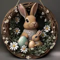 Easter wooden door wreath decoration featuring 3D rabbits eggs and white daisy flowers - Big And Small Rabbit Style / DF30cm