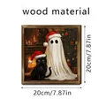 Cuadro decorativo de fantasma navideño y gato negro en marco de madera, de 20 cm - SCM1663 (20*20) / 1 Pieza
