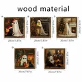 Decorative set of 5 wooden framed Christmas ghost prints for wall art 20cm square - SCM1663 5-Piece Set