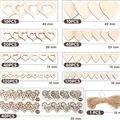 Detailed view of various sizes and patterns of wooden heart-shaped decorations. - Multi Size Heart Wooden Slices Decor Set (with Hemp Rope) / Combination Set/Pack