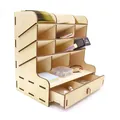 Veelzijdige houten cosmetica-organizer met meerdere vakken en lade voor het opbergen van sieraden. - Natuurlijke houtkleur