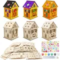 DIY wooden Halloween house craft kit with paints, brushes and decorative gems for kids. - Pumpkin House
