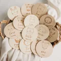 Wooden baby monthly milestone cards set with engraved animal illustrations for photos - Cartoon Animal Pattern / 14 Pieces Set (10cm)