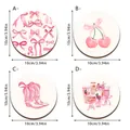 Pink coquette aesthetic round wood coasters with bow and cherry designs, 4 inch size - Style SCN305 / Set of 4 (10x10cm)