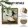 Rustic witch themed wooden framed wall art painting 8x8 inch with solid wood frame detail - Flying Witch Style / 20x20cm