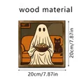 Cute ghost with popcorn and black cat wooden framed Halloween decorative wall art - Sofa Popcorn Ghost (SCM1247-6) / 20x20cm