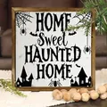 Home Sweet Haunted Home Halloween wooden wall decor with spiders and bats design - Haunted Home Style / 20x20cm