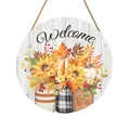 Round wooden welcome sign with autumn pumpkins and sunflowers for home wall decor - Sunflower Pumpkin Welcome Style (SCM1244)