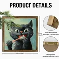 Ingelijste zwarte kat schilderij 20x20cm met massief houten lijst voor een interieur - Zwarte Kat Poetst Tanden (35070C) / 20*20cm