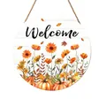 Round wooden autumn welcome wall sign featuring pumpkin and sunflower floral illustrations - Watercolor Pumpkin Floral Style (SCM1244-2)