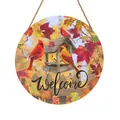 Autumn bird themed circular wooden welcome sign with vibrant maple leaves for wall decor - Bird Feeder Autumn Leaves Welcome Style (SCM1244-3)