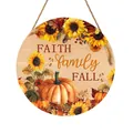Round wooden fall sign with sunflowers, pumpkins, and Faith Family Fall text. - Faith Family Fall Pumpkin Style (SCM1244-4)