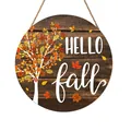Decorazione murale tonda in legno autunnale con scritta HELLO fall e motivo acero - Stile Albero Decorativo Ciao Autunno (SCM1244-6)