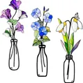 Elegant set of three stained glass style metal flower wall decorations in wire frame vases - Purple Morning Glory, Blue Flower, and White Lily / Purple, Blue and White