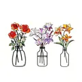 Vibrant hand-drawn style metal wall art decor featuring three colorful flower vases - Red Rose, Purple Flower, and Yellow Lily / Multicolor