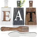 Ρουστίκ ξύλινες επιγραφές τοίχου EAT με σετ πιρούνι και κουτάλι για διακόσμηση - Λευκό Γκρι Καφέ
