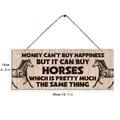 Detail view of vintage wooden hanging plaque with horse slogan and size markings - 40x16cm / Horses Silhouette Style (210222A)